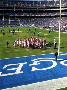 Bengals huddle before game at San Diego